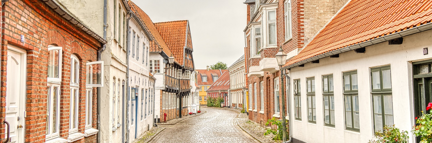 Pittoresk dansk stadsmilj� med gamla hus a kullerstensgata.