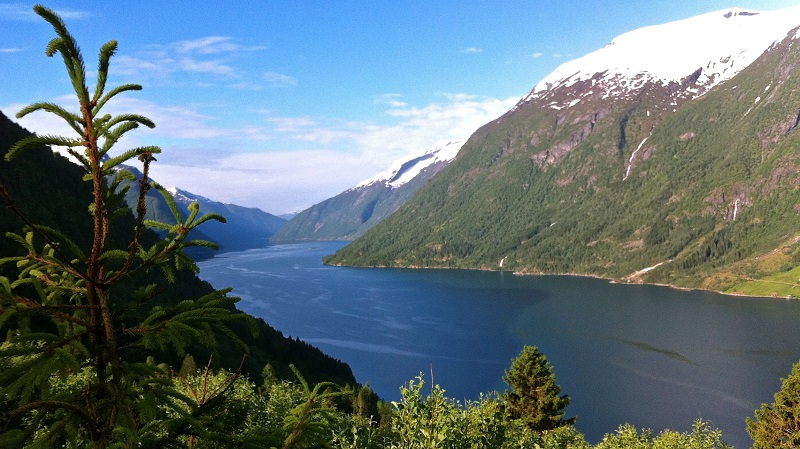 En norsk fjord med djupblått vatten omgiven av branta, skogsklädda sluttningar med snö på topparna.