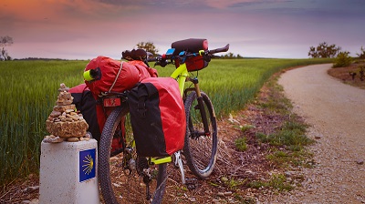 Mountain bike med r�da cykelv�skor parkerad vid en Caminov�gsten, med ett gr�nt f�lt i bakgrunden.